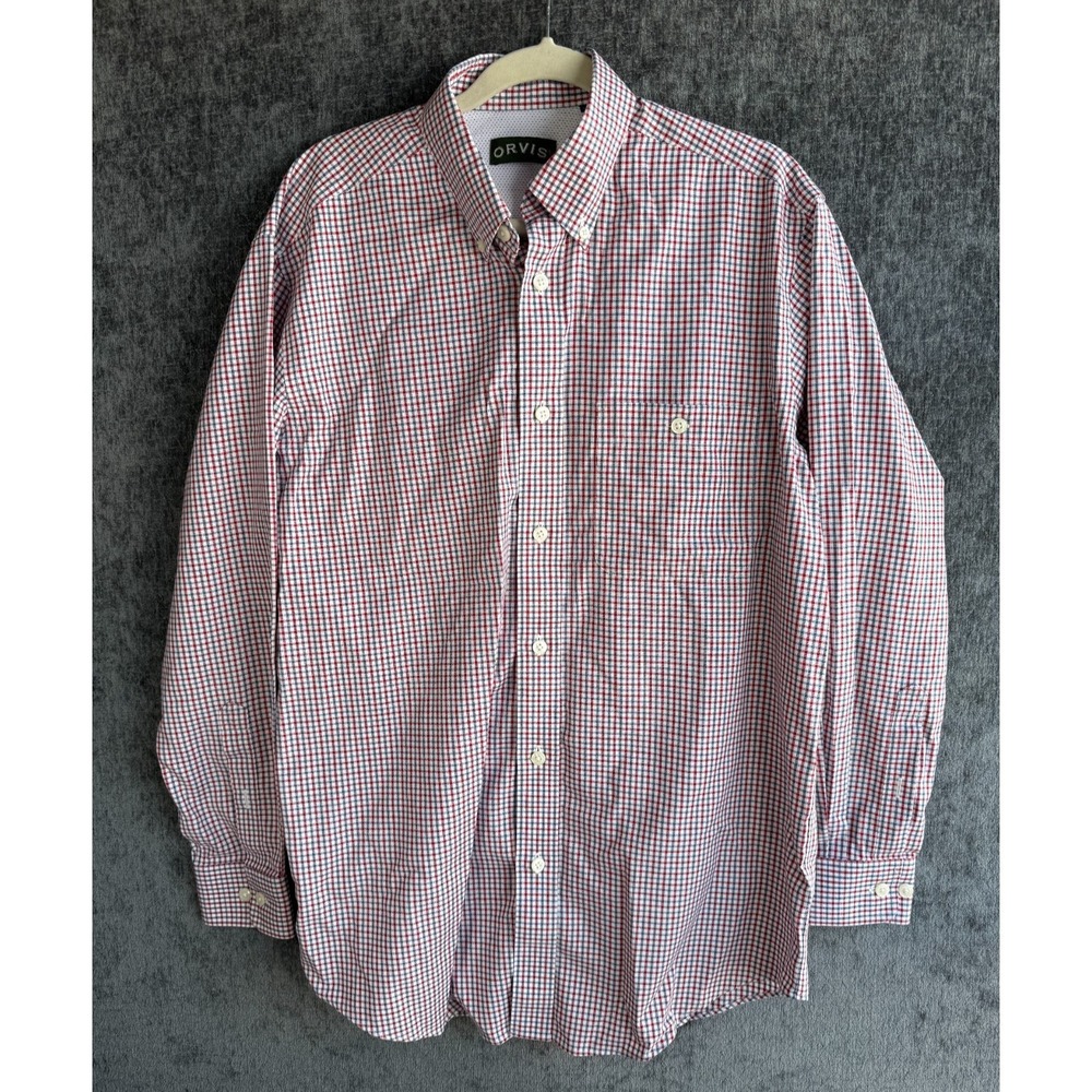Orvis Men M Red Blue Plaid‎ Button Down Shirt Long Sleeve Gingham Performance